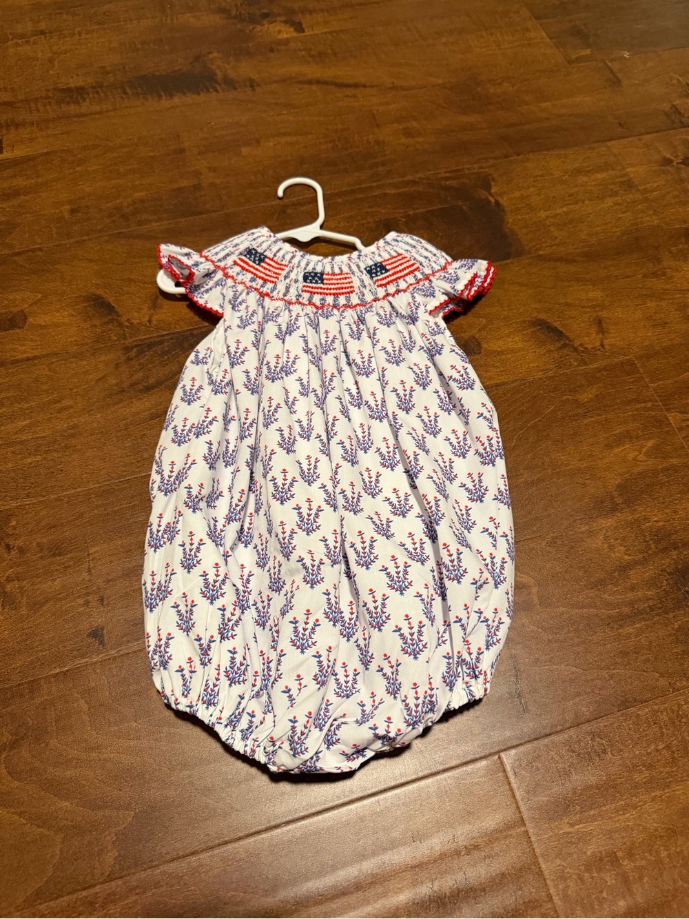Poppy kids co Smocked Baby Romper with Flag Detail - White, Red & Blue
